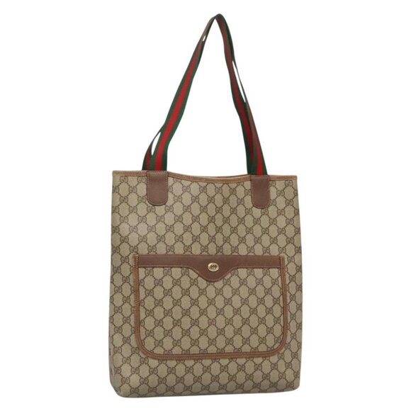 GUCCI GG Supreme Web Sherry Line Tote Bag PVC Beige Gold - Picture 2 of 16